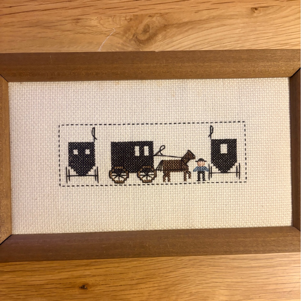 Rustic Framed Cross-Stitch with Horse and Carriage